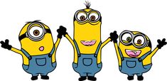 three cartoon minion characters with their arms in the air