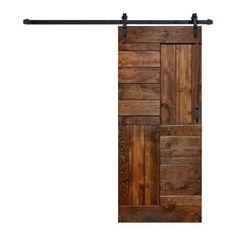 the sliding door is made from wood and has metal bars on each side, which are attached