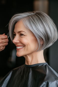 18. Steel Gray Classic Bob (Short Hairstyles For Older Women With Fine Hair) - Short Hairstyles For Older Women With Fine Hair Short Grey Hair, Haircut For Older Women, Haircuts With Bangs, Older Women Hairstyles, Short Haircuts, Short Hair Cuts For Women