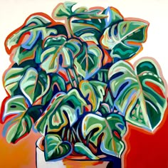 a painting of a potted plant with green leaves on red and yellow background,