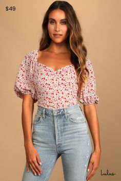 Be the eye-catching babe you are with the Lulus Beautiful Hues Ivory Floral Print Puff Sleeve Ruched Bodysuit! This woven fabric bodysuit (with red, pink, and peach floral print) creates a V-neckline and short puff sleeves with elastic at the cuffs and shoulders. Seamed bodice has a knotted accent at the center that tops a fitted silhouette with ruched sides and contrasting white knit thong bottoms with double snap closures. Hidden side zipper. Fit: This garment fits true to size. Length: Size m Mormon Outfits, Ruched Bodysuit, Puff Sleeve Bodysuit, Stylish Tank Tops, Short Puff Sleeve, Womens Tops Summer, Flutter Sleeve Top, Summer Style Casual, Puff Sleeve Top