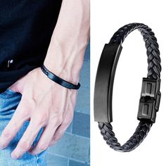 Men's Bracelet Stainless Steel And Pu Leather Braided With Latch Clip Closure. Nwt. Black Leather Casual Wristband, Casual Black Leather Wristband, Masculine Leather Bracelet With Black Band, Black Rectangular Leather Strap Bracelet, Black Casual Leather Bracelet, Everyday Black Rectangular Leather Bracelet, Casual Black Leather Bracelet, Metal Cuff Bracelet, Men's Bracelet