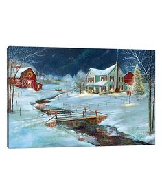 a painting of snow covered houses and a bridge