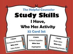 three cards with the words study skills i have, who has activity