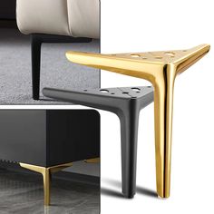 two different views of a black and gold coffee table