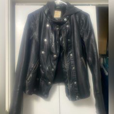 Beautiful, Comfortable Vegan Leather Jacket With Removable Hood. Winter Black Biker Jacket With Snap Buttons, Casual Black Biker Jacket With Snap Buttons, Spring Black Leather Jacket With Snap Buttons, Vegan Leather Jacket, Free People Jacket, Free People Black, Leather Jackets, Vegan Leather, Free People