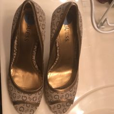 Nwt Ladies Guess Tan & Gold Open Toe 3” Heels. Never Worn Guess Heels, Open Toe Heels, Guess Shoes, Shoes Women Heels, Open Toe, Shoes Heels, Size 7, Women Shoes, Heels