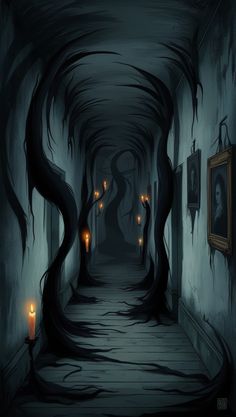 a creepy dark hallway with candles in it