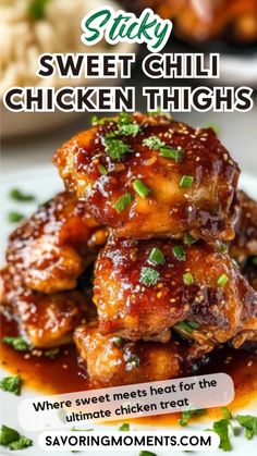 the flyer for sticky sweet chili chicken thighs, which are served with rice and garnish