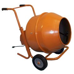 an orange cement mixer sitting on top of a white floor next to a black wheel