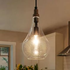 a light fixture hanging from the ceiling in a kitchen with flowers on the counter top