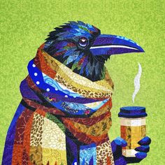 a painting of a raven holding a cup of coffee