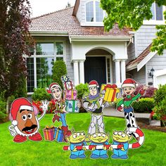 a group of cartoon characters standing in front of a house with presents on the lawn