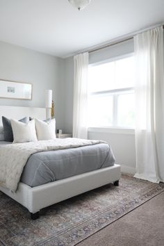 a bedroom with a bed, rug and window