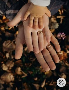 two hands holding each other in front of leaves