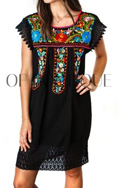 "Women's Knee-Length Puntilla Mexican Dress - Black - Beautiful embroidery - Fiesta attire - Poly/Cotton Blend Measurements: Small: Bust: 34-36\" -- Length: 35\" Medium: Bust: 36-38\" -- Length: 37\" Large: Bust: 40-42\" -- Length: 38\" X-Large: Bust: 44-46\" -- Length: 39\" XXL: Bust: 47-48\" -- Length: 39\" 3XL: Bust: 50-52\" -- Length: 39\" 4XL: Bust: 54-56\" -- Length: 39\" NOTE: Due to the handmade nature of these dresses, the embroidery may vary from dress to dress since each is individual Mexican Dresses For Women, Mexican Clothing Style, Traditional Mexican Dress, Mexican Blouse, Mexican Outfit, Mexican Dress, Mexican Blanket, From Dress, 5 De Mayo