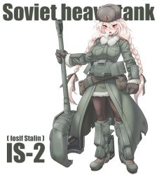 an anime character is holding a giant metal object with the words sovett heavy tank on it