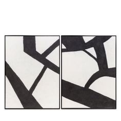 two black and white paintings on a white wall