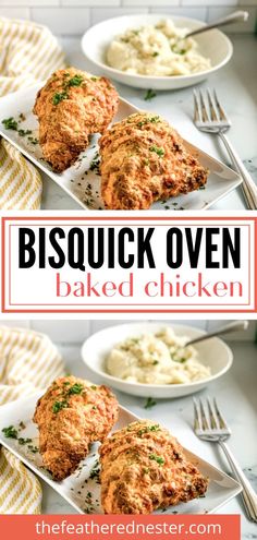 two plates with baked chicken on them and the words bisquick oven baked chicken