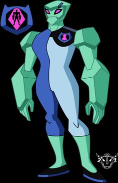 an animated character with green and blue skin