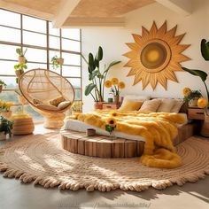 a bedroom with sunflowers on the wall and bed in the middle, surrounded by wicker furniture