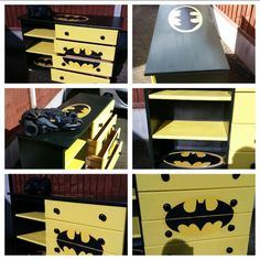 four photos of batman dressers painted yellow and black