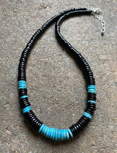 Sterling Silver Graduated Black Onyx with Turquoise Bead Necklace. 17 Inch Southwestern Black Beaded Necklaces For Gifts, Southwestern Style Black Beaded Necklaces As Gift, Handmade Southwestern Black Beaded Necklace, Southwestern Black Beaded Necklace Gift, Southwestern Style Black Beaded Necklaces For Gifts, Southwestern Black Necklace Ideal For Gifts, Southwestern Style Black Beaded Necklace For Gift, Southwestern Style Black Necklace For Gift, Southwestern Style Black Necklaces For Gifts