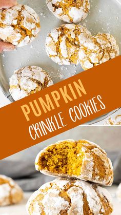 pumpkin crinkle cookies are stacked on top of each other with the words, pumpkin crinkle cookies