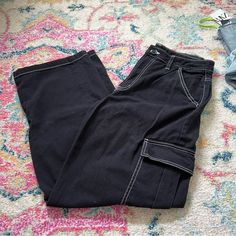 H&M Cargo Pants! Brand New And Have Never Been Worn! High-waisted Cotton Pants With Contrast Stitching, Y2k Black Bottoms With Side Pockets, Black Y2k Bottoms With Side Pockets, Black Bottoms With Contrast Stitching, Black Y2k Cargo Style Bottoms, Black Y2k Cargo Bottoms, Black Baggy Bottoms With Contrast Stitching, H&m Casual Straight Leg Bottoms, Trendy Wide Leg Cargo Pants With Contrast Stitching