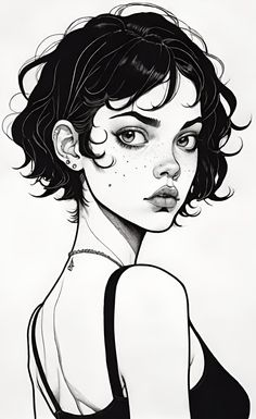 a black and white drawing of a woman with freckles on her face, looking to the side