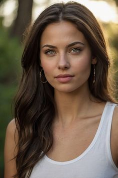 A photorealistic portrait of a 29-year-old American girl with long, sultry dark brown hair, piercing green eyes, and full but natural lips. Oval-shaped face but nice, defined cheek bones. Wearing a white t-shirt. She should have a natural, approachable expression, such as a smile, and be illuminated by soft, golden-hour sunlight. The background should be a scenic outdoor setting with a lot of trees. Capture this image with a high-resolution photograph using an 85mm lens for a flattering perspective." Light Brown Hair With Freckles, Brown Hair Blue Eyes Woman, Dark Hair Pale Skin Green Eyes, Dark Hair With Green Eyes, Dark Brown Hair With Green Eyes, Brown Hair Girl With Green Eyes, Brown Hair Green Eyes Woman, Dark Hair And Green Eyes, Brunette Woman Aesthetic