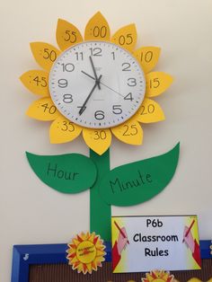 a clock with the words hour, minute and classroom rules written on it in front of a bulletin board