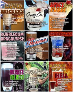 there are many different types of drinks in this poster, but not all have labels on them