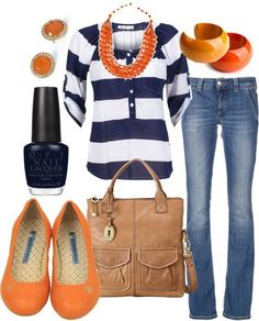 Orange and blue. Womens Outfits, Orange Shoes, Komplette Outfits, Outfit Casual, Kelly Green, Look Fashion, Striped Shirt