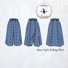 "This is a digitized version of an 1895 split riding skirt in the \"double breasted\" style. It is shaped by a dart on either side of the front, two darts on either side of the center back, and pleated to size in the back. Two rows of buttons run along the front of either leg. These hold in place a modesty panel which may be attached to the front of the split skirt when desired. The skirt is intended to be approximately calf-length in order to not get caught in your bicycle. In this pattern, a classic bag pocket is included and is hidden in the left-hand side placket closure.  Pattern Notes & Sizing *No seam allowance included. Add as desired.  *Waist: 24\"   *Outside Length: 40 ½\"  *Inseam: 29 ½\"  *Seat: 42\"  *The skirt is drafted intentionally long. The hem is meant to sit at about ca Split Riding Skirt, Riding Skirt, Walking Skirt, Historical Sewing, Skirt Sewing Pattern, Skirt Sewing, Sew Ins, Couture Mode, Skirt Patterns Sewing