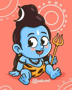 a cartoon character holding a spear and wearing a blue avatar with an orange body, black hair