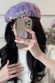 french girl rhinestone beret hat, purple wool beret, coquette girl aesthetic accessories, boogzel French Hat Berets, Beret Hairstyles, Beret Aesthetic, Beret Hat Outfit, Coquette Girl Aesthetic, Purple Beret, Cute Beret, E Girl Clothes, French Hat