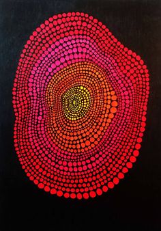 a red and black painting with circles in the center on a black background that looks like it has been made out of dots