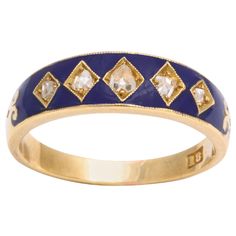 From the late 19th century, the top decorated in vibrant deep cobalt blue enamel enhanced with five graduated rose diamonds, set in lozenge-shaped bezels, mounted in 18k yellow gold. English, circa 1890, stamped 18. Size 6 ½. Width of band: ¼ in. (.6 cm) at the widest, tapering to 1/8 in. (.3 cm); length of enamel section ¾ in. (1.9 cm). 18k Gold Bangle, Rose Gold Band Ring, Gold Waves, Amethyst And Diamond Ring, Gold Engraving, Sunshine Yellow, Bezel Set Diamond, Rose Gold Band, Gold Band Ring