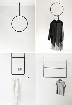 four different images of clothes hanging on hooks and t - shirts in the same room