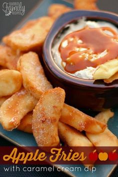 apple fries with caramel cream dip are served in small bowls on a blue plate