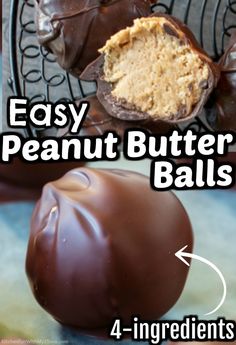 chocolate covered peanut butter balls on a cooling rack with text overlay reading easy peanut butter balls