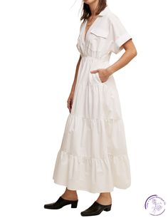 Feel effortlessly chic in our Collared Poplin Maxi Dress! The surplice neckline and tiered skirt add a touch of elegance, while the elastic waist and hidden side pockets provide practicality. With a lined design and clean hem, this dress is perfect for any occasion. Embrace comfort and style in this must-have dress! Material: 100% Cotton Tiered Summer Dresses With Pockets, Summer Tiered Dresses With Pockets, Spring Tiered Dress With Pockets, Spring Tiered Skirt Dress With Pockets, Spring Dresses With Pockets And Tiered Skirt, Chic White Tiered Dress With V-neck, Cotton Tiered V-neck Dress With Ruffle Hem, White V-neck Midi Dress With Pockets, Cotton V-neck Maxi Dress With Ruffle Hem