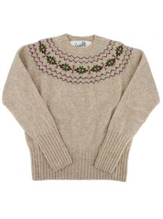 "This authentic forties look sweater is another offering from our Socialite line of vintage replicas. This pure Scottish wool knit jumper is a high-quality, lightly flecked beige shade, with rose pink and green highlights in its Fairisle pattern. The deep welts give it an accurate 1940s or 1950s vintage look, with a high-quality finish throughout. These period-accurate jumpers show off your curves with a snug fit, just like the originals. We have named this gorgeous vintage-inspired jersey 'Blai Vintage Fairisle Sweater, Vintage Beige Knitted Sweater, Vintage Knitted Beige Sweater, Vintage Cream Sweater With Fair Isle Pattern, Classic Fitted Fair Isle Sweater, Vintage Wool Sweater With Fair Isle Pattern, Spring Vintage Pink Sweater, Retro Red Dress, Vintage Brown Sweater With Fair Isle Pattern