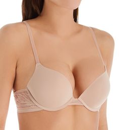 Lace sides give this serious push-up bra a lighter, more classic lingerie look. Made of nylon and spandex. Contour/t-shirt underwire cup has heavy graduated push-up padding inside cup that lifts breast for a fuller look. Microfiber cup overlay gives cups a sleek texture. Plunging neckline for easy wear with low-cut fashions. Center - wide, low-set lace triangle panel. Sides and back are stretch lace with sewn-on elastic along top and microfiber-covered elastic at bottom. Straps have soft undersi Classic Lingerie, Lace Side, Push Up Pads, Full Look, Plunge Bra, Stretch Lace, Underwire Bra, Plunging Neckline, Push Up Bra