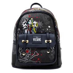 Disney Villains Cruella De Vil Mini Backpack, A Fashion Statement That Captures The Essence Of The Infamous Character From 101 Dalmatians. This Striking Backpack Features Cruella In Her Iconic Dalmatian Fur Coat And Signature Red Gloves, Set Against A Charcoal Grey Backdrop Adorned With Cross Skull Motifs For A Bold Touch. Crafted From High-Quality Vegan Leather, This Villain Backpack Exudes Sophistication And Style. The Gold Zipper Pulls Elegantly Complement The Design, Showcasing The Disney Lo Black Backpack For Theme Parks, Themed Black Backpack For Everyday Use, Black Disney-style Bag For Theme Park, Black Disney Bag For Theme Park, Black Disney Style Bag For Theme Park, Black Backpack For Theme Park, Disney Black School Bags, Black Backpack For Disney Trips And Back To School, Disney Style Black School Bags