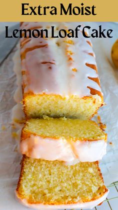 lemon loaf cake with white icing on a cooling rack and text overlay that reads extra moist lemon loaf cake