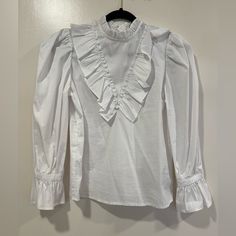 Size: Small Condition: Never Worn Forever 21 Spring Ruffle Blouse, Spring Ruffle Blouse By Forever 21, Spring Ruffled Blouse By Forever 21, Forever 21 Feminine Ruffled Tops, Forever 21 Cotton Ruffle Top, Forever 21 Cotton Shirt For Spring, Forever 21 White Blouse For Spring, Trendy Forever 21 Shirt For Spring, Forever 21 Ruffled Top For Brunch