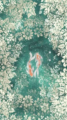 two koi fish swimming in a pond surrounded by white and green floral designs on a blue background