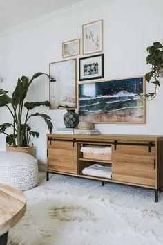 a living room with plants and pictures on the wall above the tv stand, in front of a rug